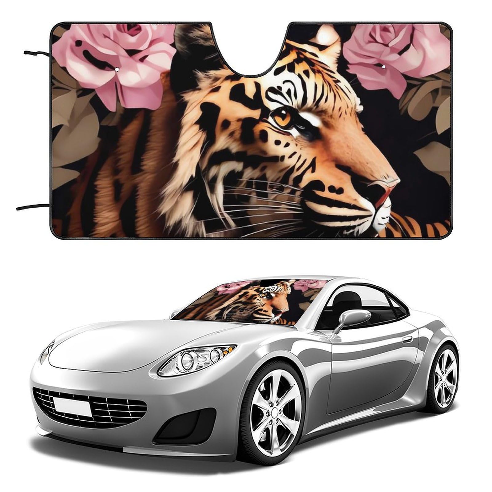 Windschutzscheiben-Sonnenschutz für Auto, Tier, Tiger, Leopardenmuster, Rose, Blume, faltbar, hält das Fahrzeug kühl, passend für Autos, LKWs, SUVs Windschutzscheiben-Sonnenschutz für Auto, Tier, Tiger, Leopardenmuster, Rose, Blume, faltbar, hält das Fahrzeug kühl, passend für Autos, LKWs, SUVs von QMNLKH