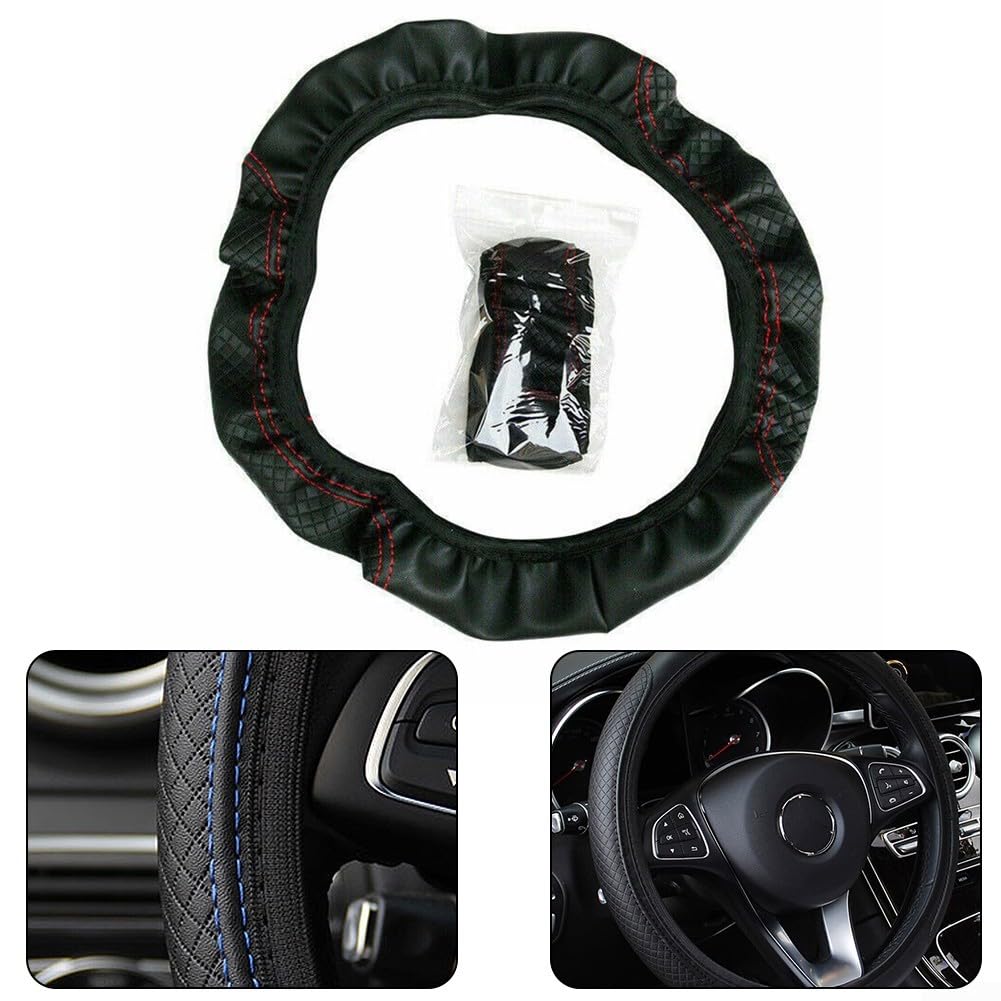 Auto-Lenkradbezug, 38,1 cm, atmungsaktives Lederdesign, rutschfester Griff für verbesserten Fahrkomfort (schwarz + blau) von QOXEZY