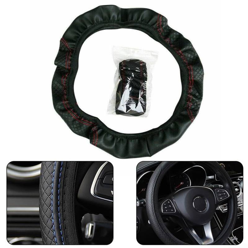 Auto-Lenkradbezug, 38,1 cm, atmungsaktives Lederdesign, rutschfester Griff für verbesserten Fahrkomfort (schwarz + blau) von QOXEZY