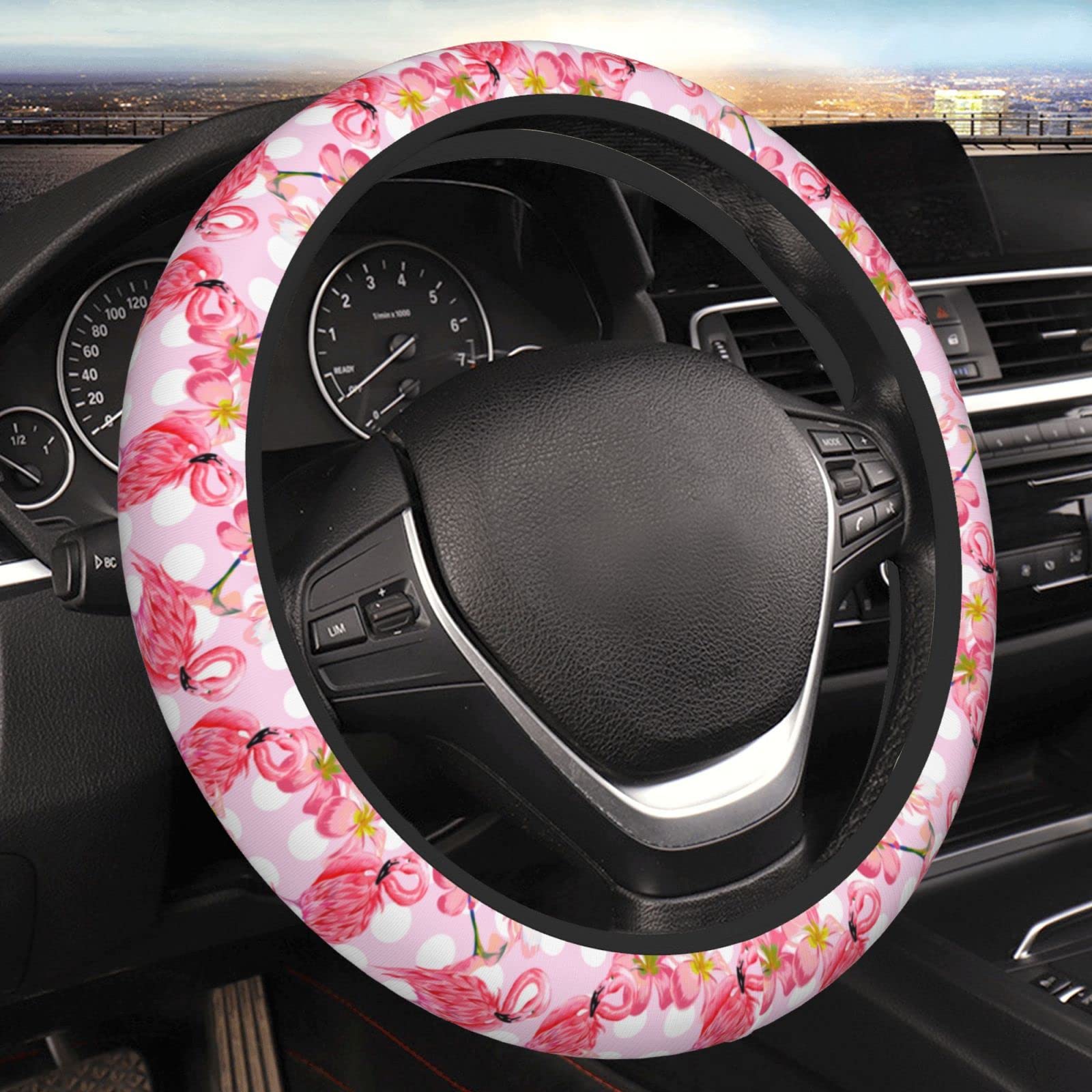 Rosa Flamingo Lenkradbezug Anti Rutsch Auto Lenkradschoner Auto Zubehör Universal Fit 15 Zoll für Männer Frauen von QQIAEJIA