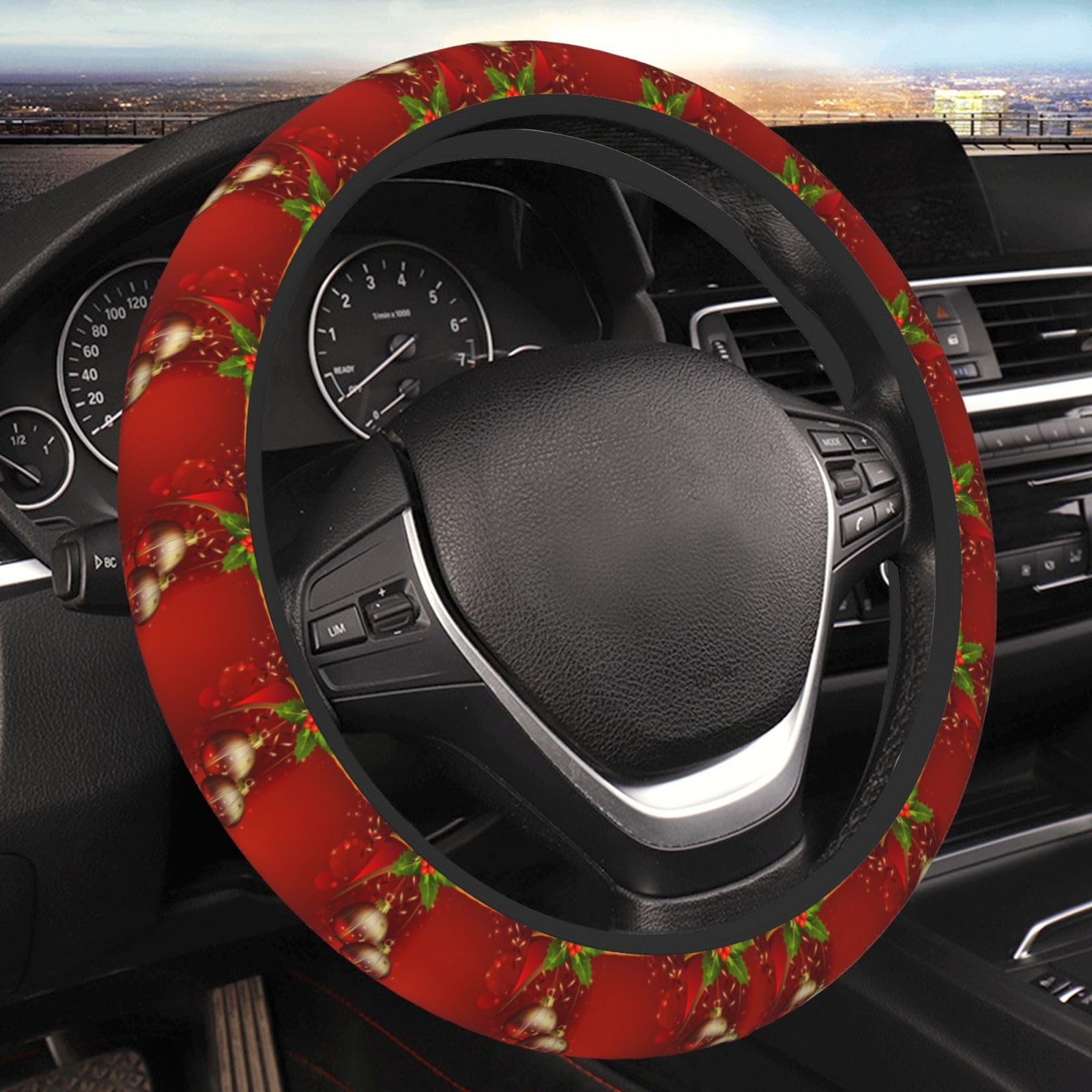 Weihnachten Rote Laterne Auto Stretch Elastische Lenkradabdeckung, Universal 15 Zoll Fahrzeug Lenkradbezug, Atmungsaktive Mikrofaser Auto Lenkradabdeckung Schutzhülle von QQLADY
