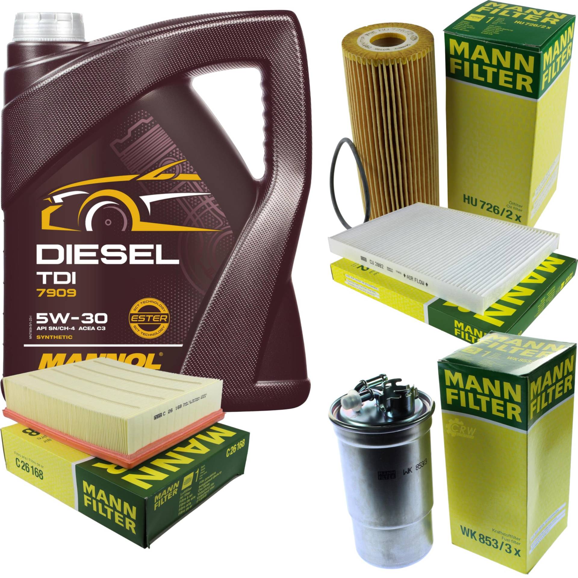 Filter Set Inspektionspaket 5 Liter MANNOL Motoröl Diesel TDI 5W-30 API SN/CF MANN-FILTER Luftfilter Innenraumfilter Ölfilter Kraftstofffilter Filter Set Inspektionspaket 5 Liter MANNOL Motoröl Diesel TDI 5W-30 API SN/CF MANN-FILTER Luftfilter Innenraumfilter Ölfilter Kraftstofffilter von Diederichs