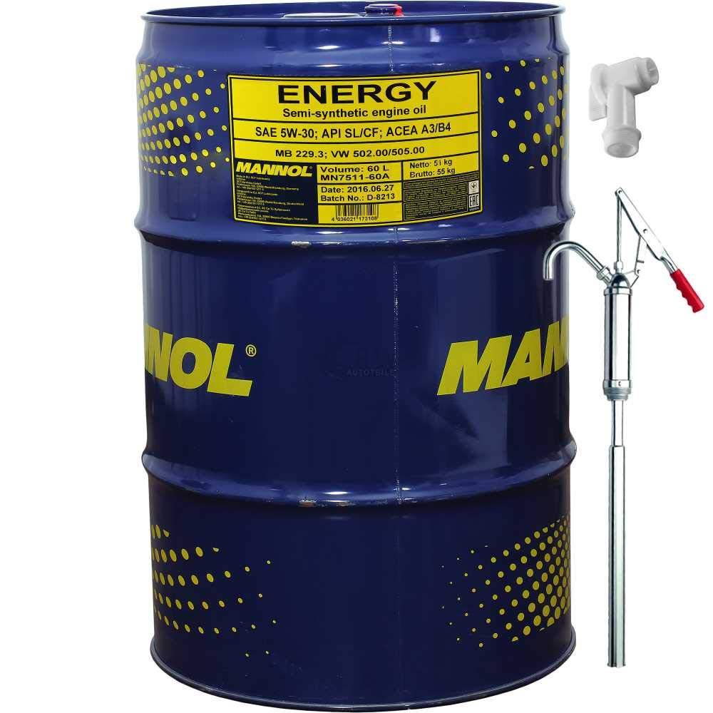 Mannol 60L Energie 5W-30 API SL/CF Öl Motoröl MN7511-60 inkl. Auslaufhahn & Handpumpe SAE SL/CF ACEA A3/B4 MB 229.3 502.00/505.00 von Diederichs
