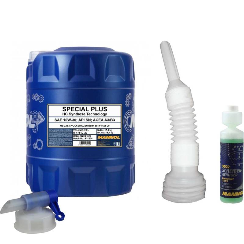 QR-Parts Set 20 Liter 85454107 MN7512-20 CT4503 5022 DIN61 MANNOL Scheibenreiniger Konzentrant 1:100 250ml 20L Motoröl 7512 Special Plus 10W-30 Auslaufhahn von Diederichs