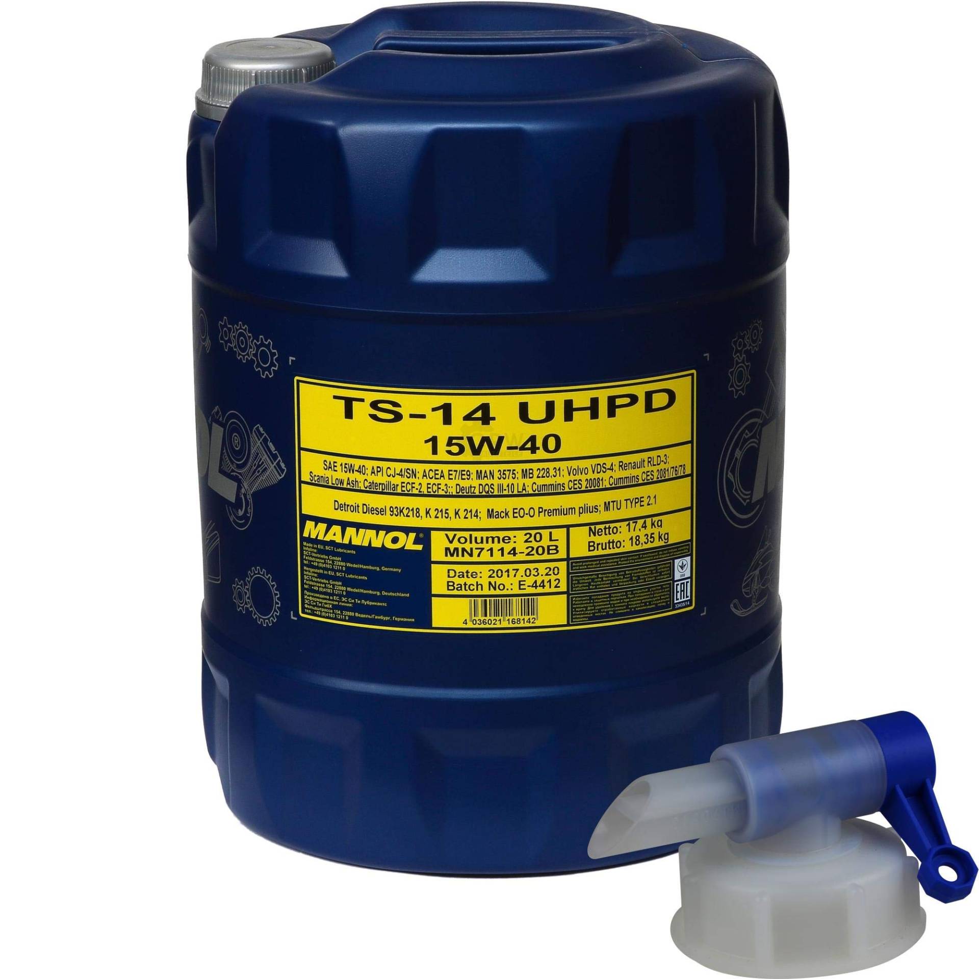 20 L MANNOL TS-14 UHPD 15W-40 API CJ-4/SN Motoröl Oil synthetisch + Auslaufhahn von Diederichs