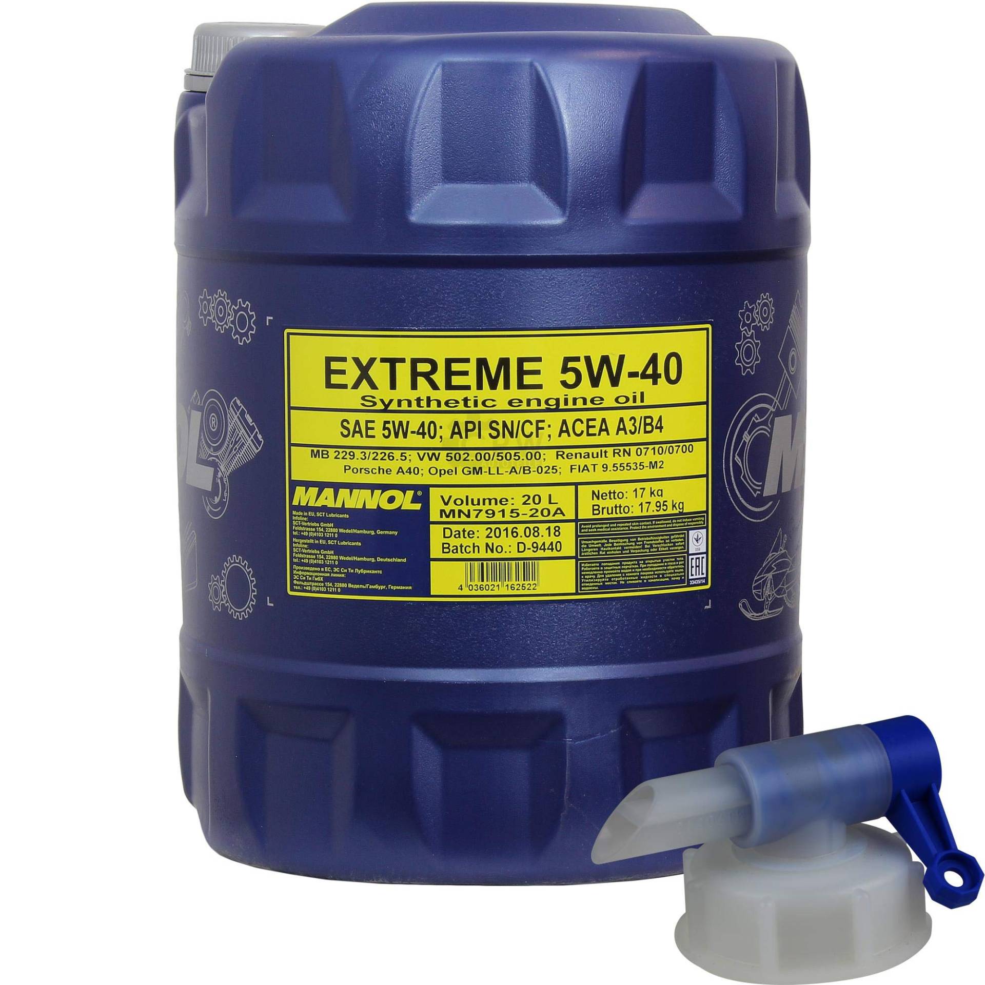 20 Liter MANNOL Extreme 5W-40 API SN/CF Öl Motoröl MN7915-20 inkl. Auslaufhahn von Diederichs