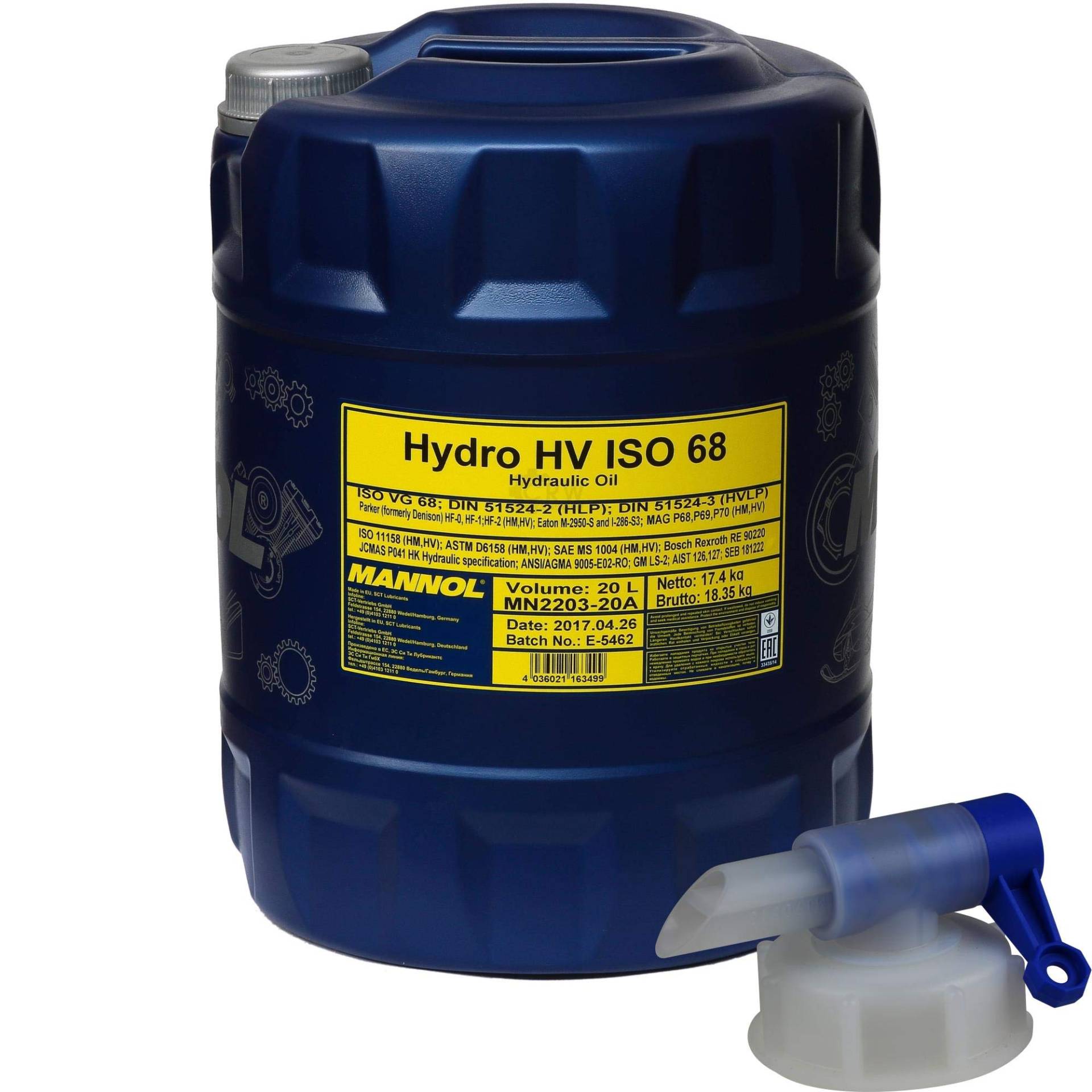 20 Liter MANNOL Hydro HV ISO 68 HVLP 68 Hydrauliköl Oil Öl inkl. Auslaufhahn von Diederichs