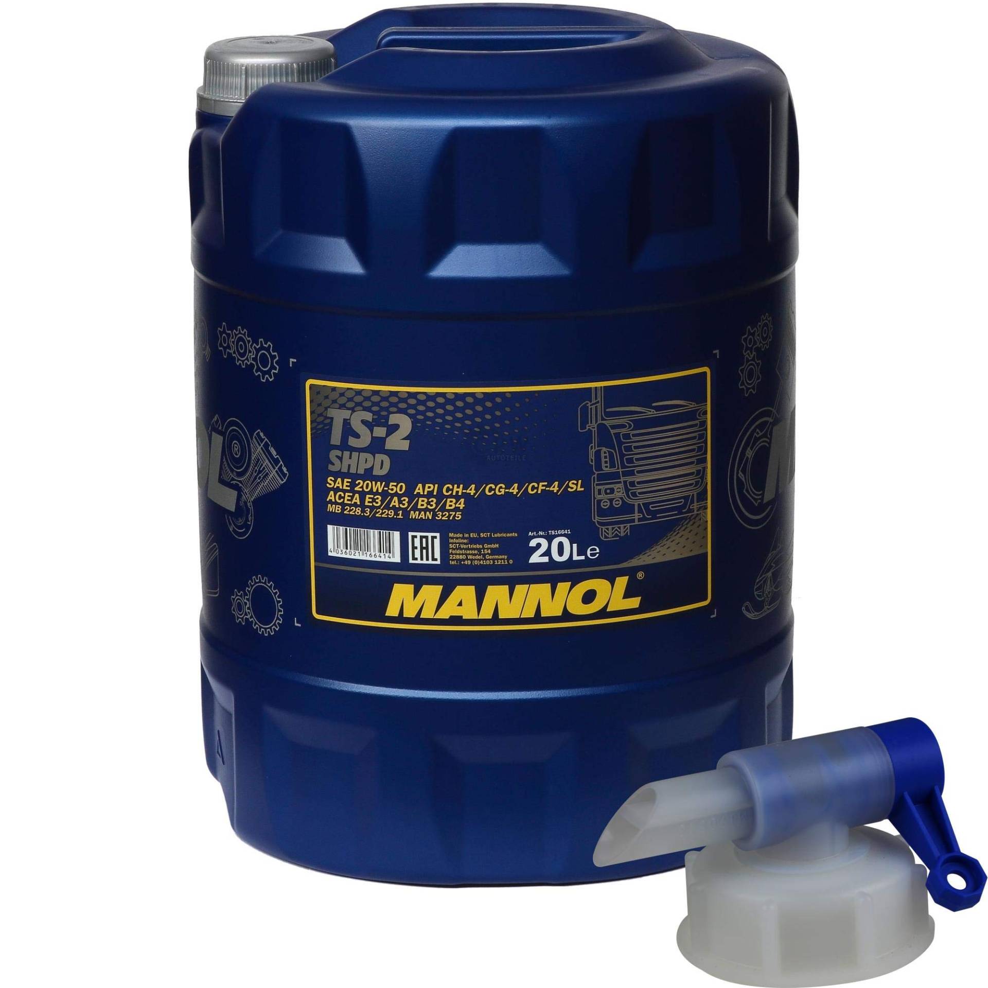 20 Liter MANNOL Motoröl TS-2 SHPD 20W-50 API CH-4/CG-4/CF-4/SL inkl. Auslaufhahn von Diederichs