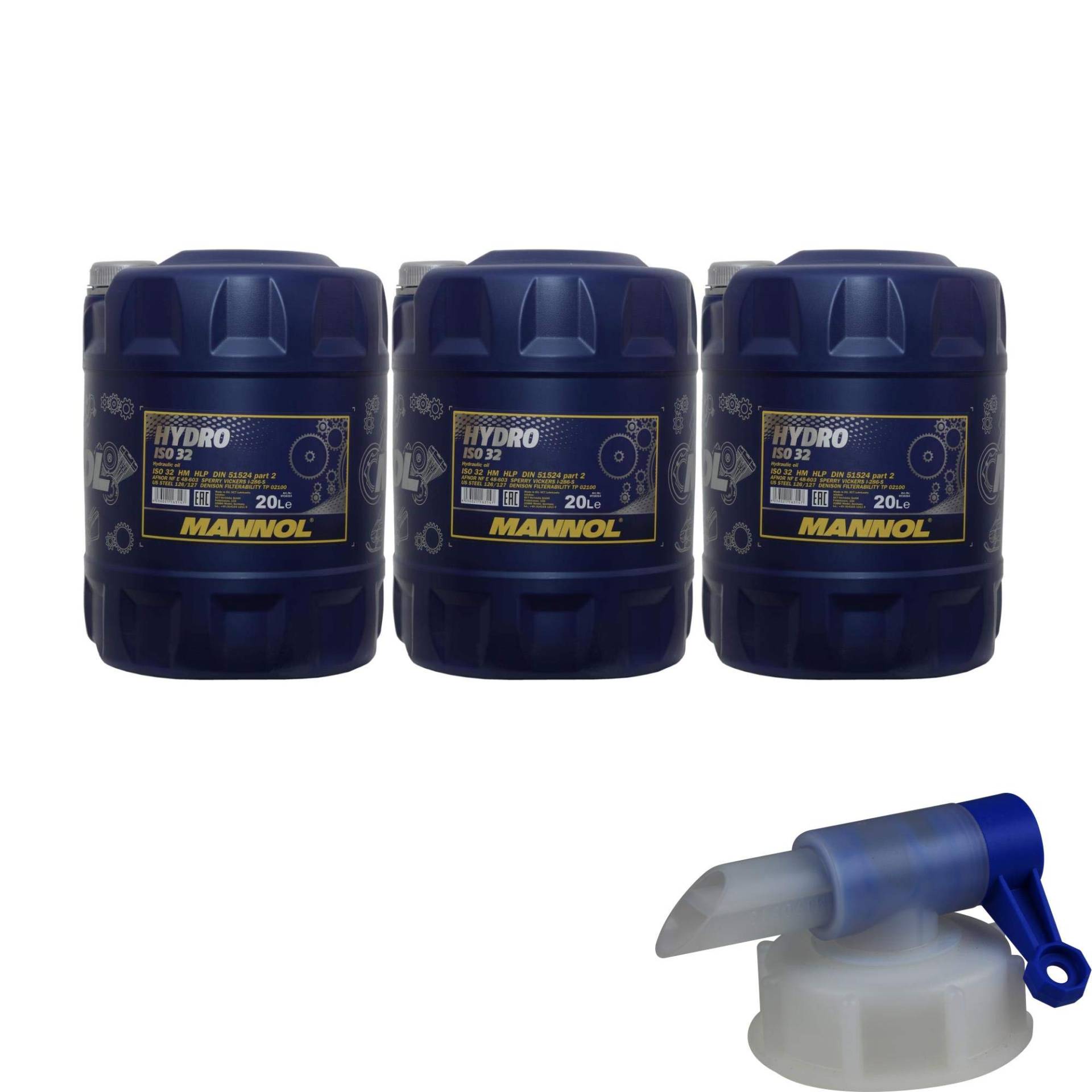 3x 20 Liter MANNOL Hydrauliköl Hydro ISO 32 Hydraulic Fluid inkl. Auslaufhahn von Diederichs