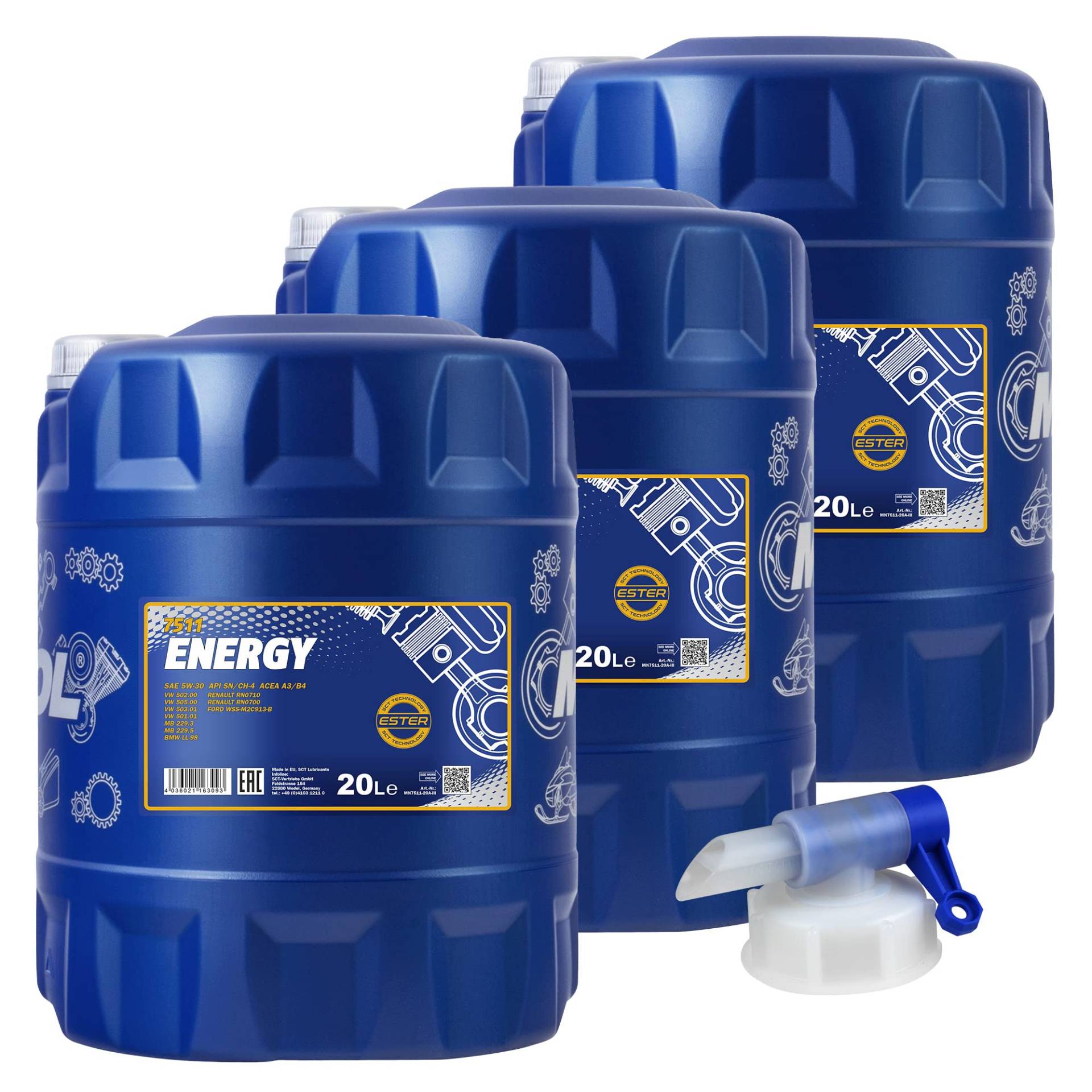 60L MANNOL Energy 5W-30 API SL/CF Öl Motoröl MN7511-20 inkl. Auslaufhahn von Diederichs