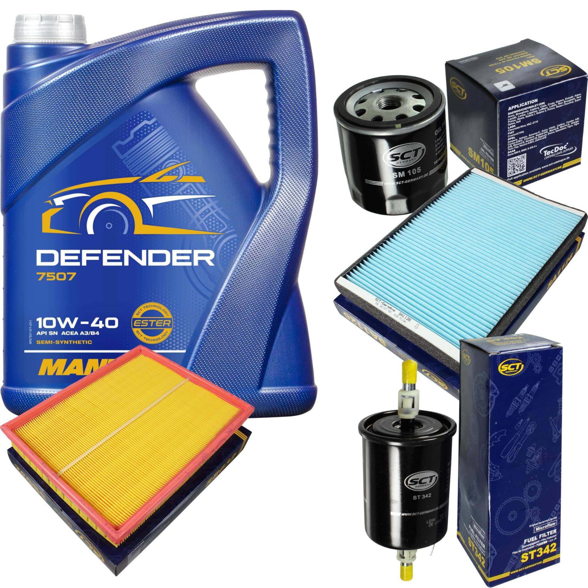 Filter Set Inspektionspaket 5 Liter MANNOL Motoröl Defender 10W-40 API SL/CF SCT Germany Innenraumfilter Luftfilter Ölfilter Kraftstofffilter von Diederichs