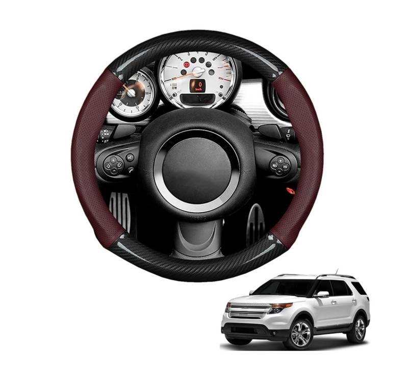 QRZCZXNP Lenkradbezug PU Leder Kohlefaser Runde Forme für Explorer 5th U502 2012 Atmungsaktiv Lenkradschutz Sport Anti-Rutsch Lenkradhülle für Auto Zubehör Innenraum(Wine red) von QRZCZXNP