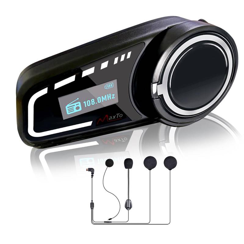 QSPORTPEAK Motorrad Intercom Bluetooth Headsets, M2C 1000M Motorradhelm Interphone Gegensprechanlage Kommunikationssysteme bis zu 6 Benutzer, LCD-Bildschirm, GPS, FM Radio Einzelpack von QSPORTPEAK