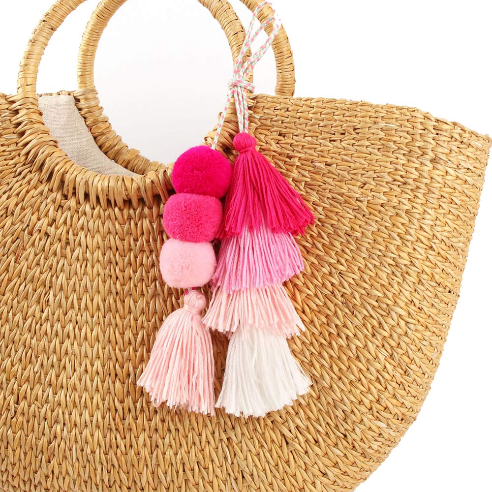 QTKJ Bunte böhmische Pompon Quaste Schlüsselanhänger Handtaschen Stroh Tasche Charms Ornamente Schlüsselanhänger Pompon Anhänger, rosa (1), Einheitsgröße von QTKJ