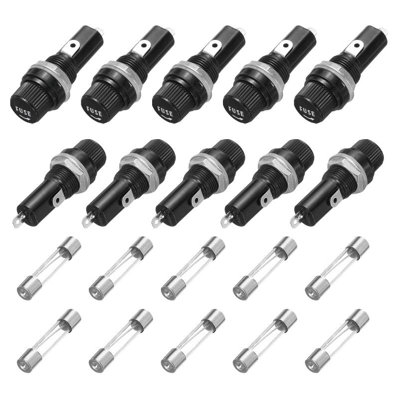 QUARKZMAN 10 Stück Panelmontierte Sicherungshalter 45 x 18,4 mm 250V 125V, 6A Schraubkappen Sicherungshalter mit 10 Stück 6 x 30 mm Schnellglasröhrensicherungen von QUARKZMAN
