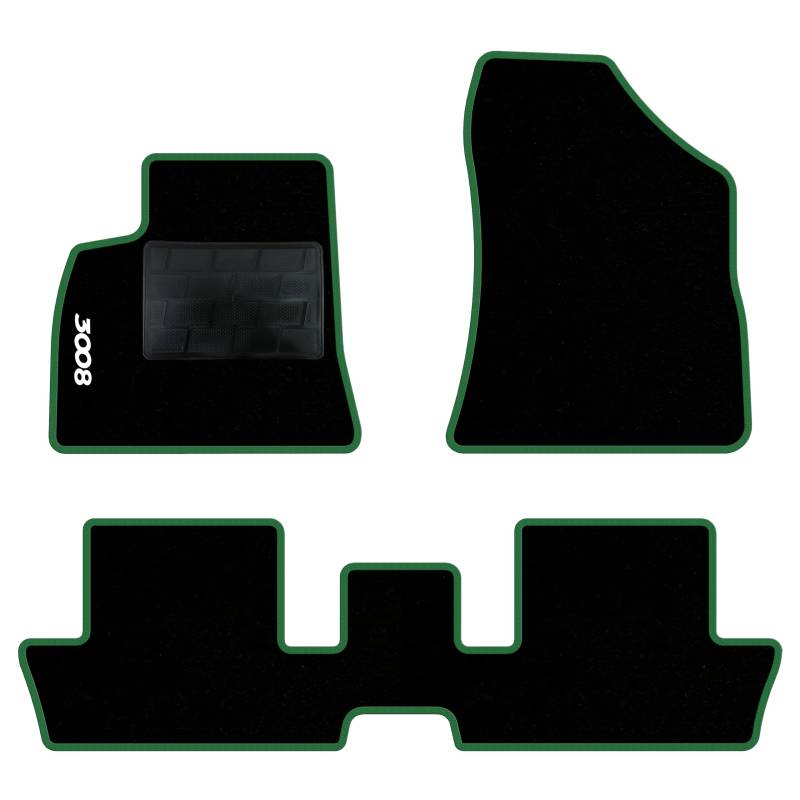 QUEMAR Auto-Fußmatten-Set kompatibel mit Peugeot 3008 I 2009-2016 / Set Auto-Fußmatten und Gummi nach Maß (2 vorne + 2 hinten) / Stickerei und personalisierte Farben (grüner Rand, 1 Stickerei) von QUEMAR