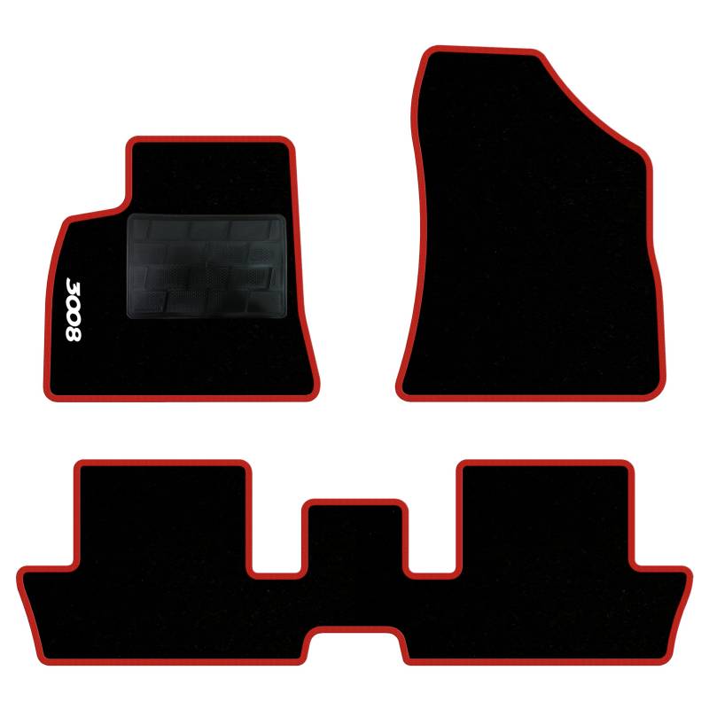 QUEMAR Auto-Fußmatten-Set kompatibel mit Peugeot 3008 I 2009-2016 / Set Auto-Fußmatten und Gummi nach Maß (2 vorne + 2 hinten) / Stickerei und personalisierte Farben (roter Rand, 1 Stickerei) von QUEMAR