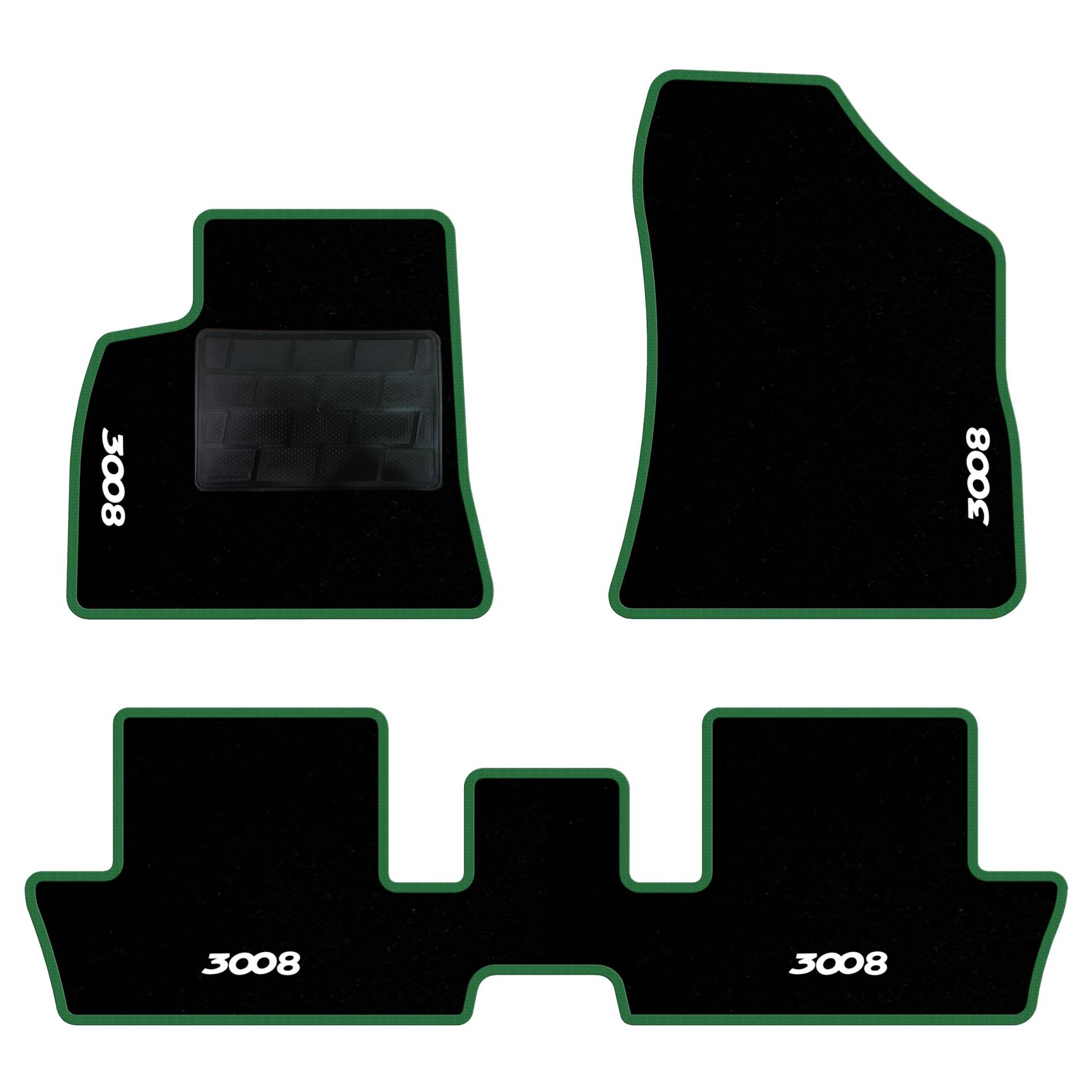 QUEMAR Auto-Fußmatten-Set kompatibel mit Peugeot 3008 I 2009-2016 / Set Fußmatten aus Teppich und Gummi nach Maß (2 vorne + 2 hinten) / Stickerei und personalisierte Farben (grüner Rand, 4 Stickereien von QUEMAR