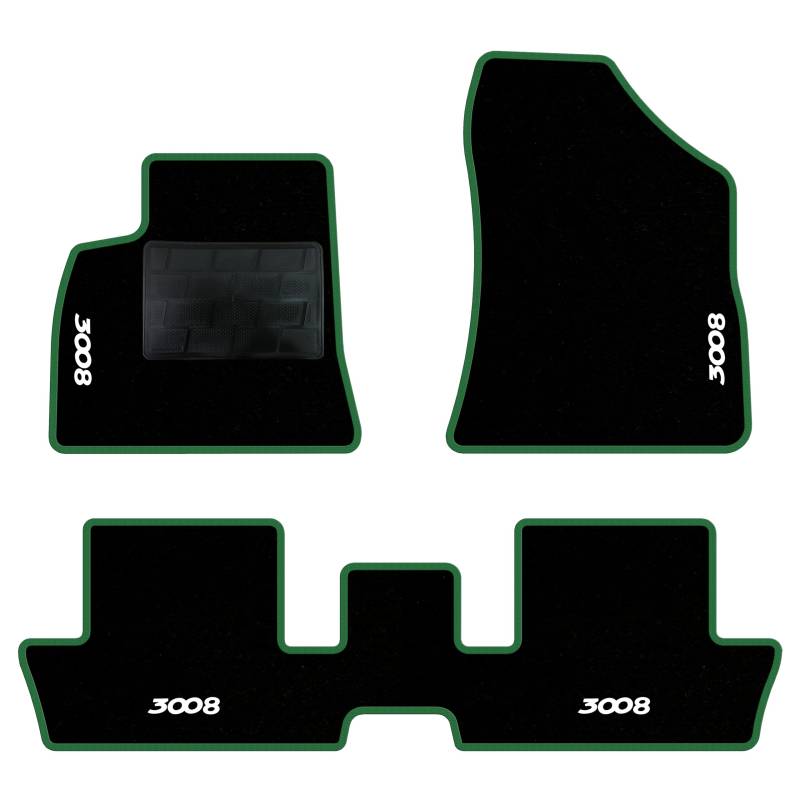 QUEMAR Auto-Fußmatten-Set kompatibel mit Peugeot 3008 I 2009-2016 / Set Fußmatten aus Teppich und Gummi nach Maß (2 vorne + 2 hinten) / Stickerei und personalisierte Farben (grüner Rand, 4 Stickereien von QUEMAR