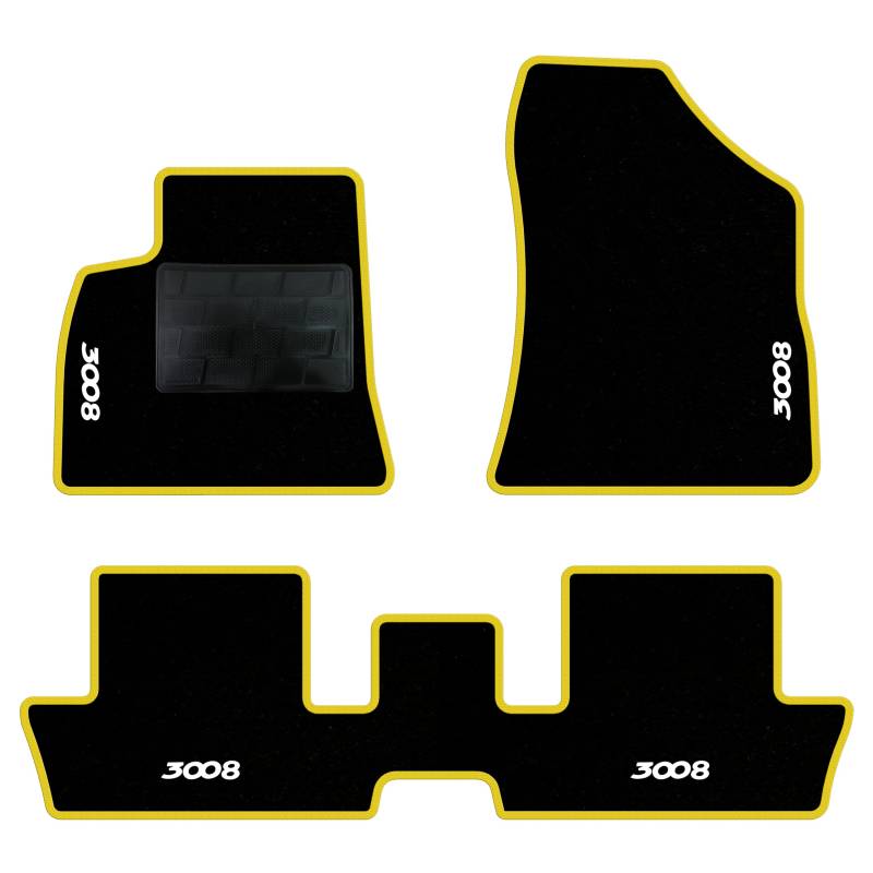QUEMAR Auto-Fußmatten-Set kompatibel mit Peugeot 3008 I 2009-2016 / Set Fußmatten und Gummi nach Maß (2 vorne + 2 hinten) / Stickerei und personalisierte Farben (gelber Rand, 4 Stickereien) von QUEMAR
