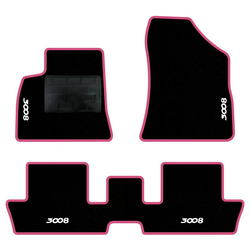 QUEMAR Auto-Fußmatten-Set kompatibel mit Peugeot 3008 I 2009-2016 / Set Fußmatten und Gummi nach Maß (2 vorne + 2 hinten) / Stickerei und personalisierte Farben (rosa Rand, 4 Stickereien) von QUEMAR