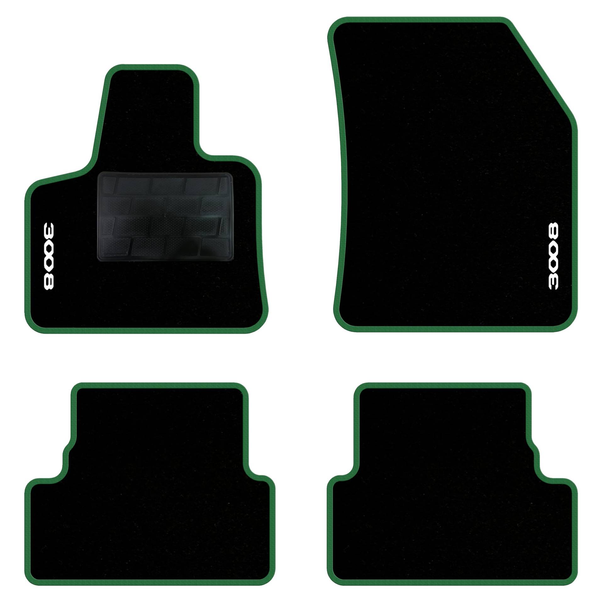 QUEMAR Auto-Fußmatten-Set kompatibel mit Peugeot 3008 II auch Hybrid 2016-2023/Set Fußmatten aus Teppich und Gummi nach Maß (2 Türen + 2 Poster.)/Stickerei und personalisierte Farben (grüner Rand, 2 von QUEMAR