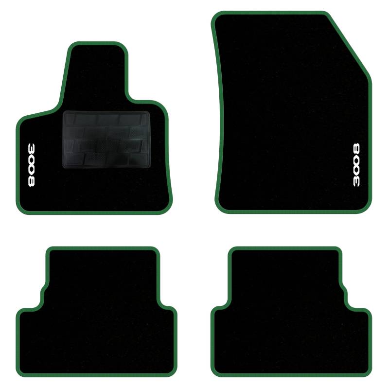 QUEMAR Auto-Fußmatten-Set kompatibel mit Peugeot 3008 II auch Hybrid 2016-2023/Set Fußmatten aus Teppich und Gummi nach Maß (2 Türen + 2 Poster.)/Stickerei und personalisierte Farben (grüner Rand, 2 von QUEMAR