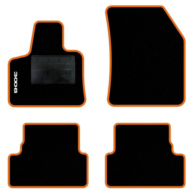 QUEMAR Auto-Fußmatten-Set kompatibel mit Peugeot 3008 II auch Hybrid 2016-2023/Set Fußmatten aus Teppich und Gummi nach Maß (2 Türen + 2 Poster.)/Stickerei und personalisierte Farben (orangefarbener von QUEMAR