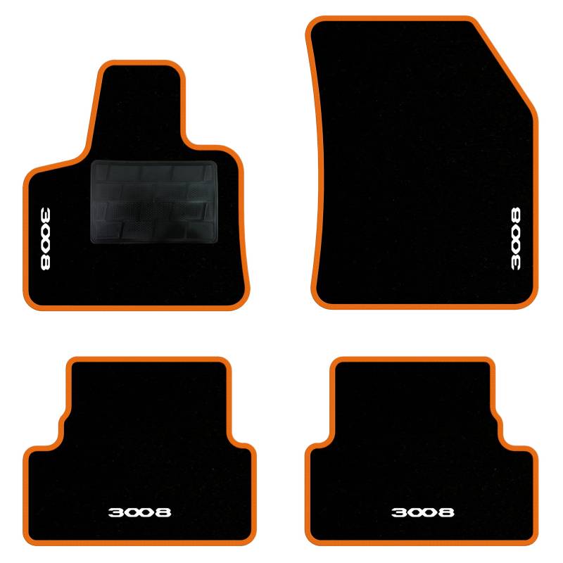 QUEMAR Auto-Fußmatten-Set kompatibel mit Peugeot 3008 II auch Hybrid 2016-2023/Set Fußmatten aus Teppich und Gummi nach Maß (2 Türen + 2 Poster.)/Stickerei und personalisierte Farben (orangefarbener von QUEMAR