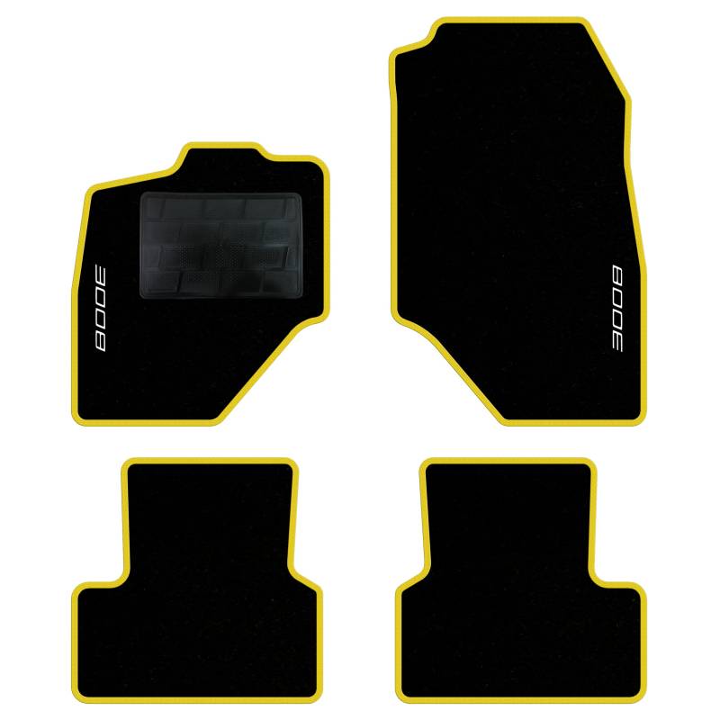 QUEMAR Auto-Fußmatten-Set kompatibel mit Peugeot 3008 III Hybrid oder Elektro ab 2024/Set Fußmatten und Gummi nach Maß (2 vorne + 2 hinten) / Stickerei und personalisierte Farben (gelber Rand, 2 von QUEMAR