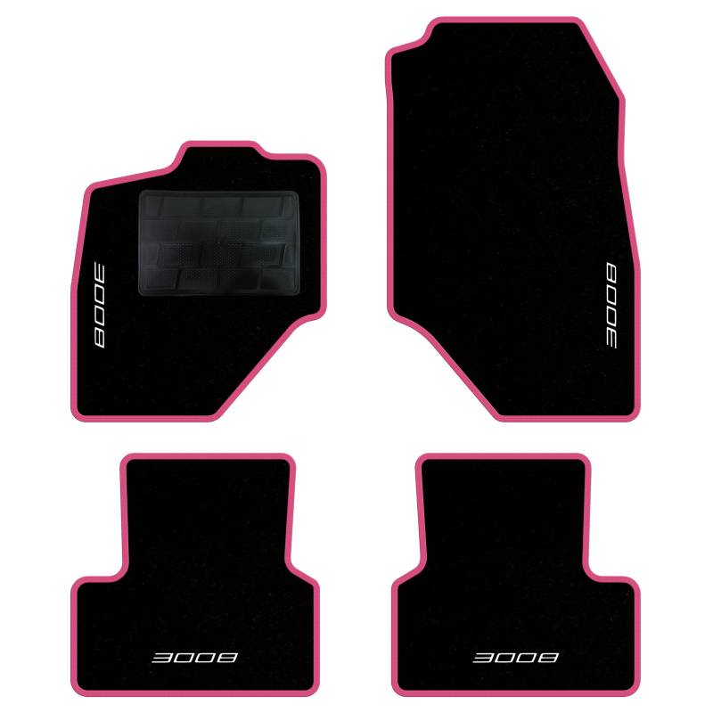 QUEMAR Auto-Fußmatten-Set kompatibel mit Peugeot 3008 III Hybrid oder Elektro ab 2024/Set Fußmatten und Gummi nach Maß (2 vorne + 2 hinten) / Stickerei und personalisierte Farben (rosa Rand, 4 von QUEMAR