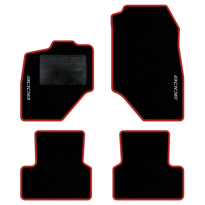QUEMAR Auto-Fußmatten-Set kompatibel mit Peugeot 3008 III Hybrid oder Elektro ab 2024/Set Fußmatten und Gummi nach Maß (2 vorne + 2 hinten) / Stickerei und personalisierte Farben (roter Rand, 2 von QUEMAR