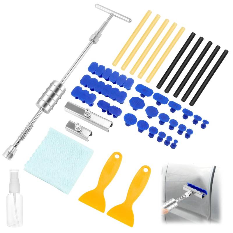 QWORK® Auto Dellen Reparaturset - T Bar Puller mit 22 Laschen und 10 Klebesticks - Lacklose Dent Removal Kit Effizient für Hagelschaden und mehr von QWORK