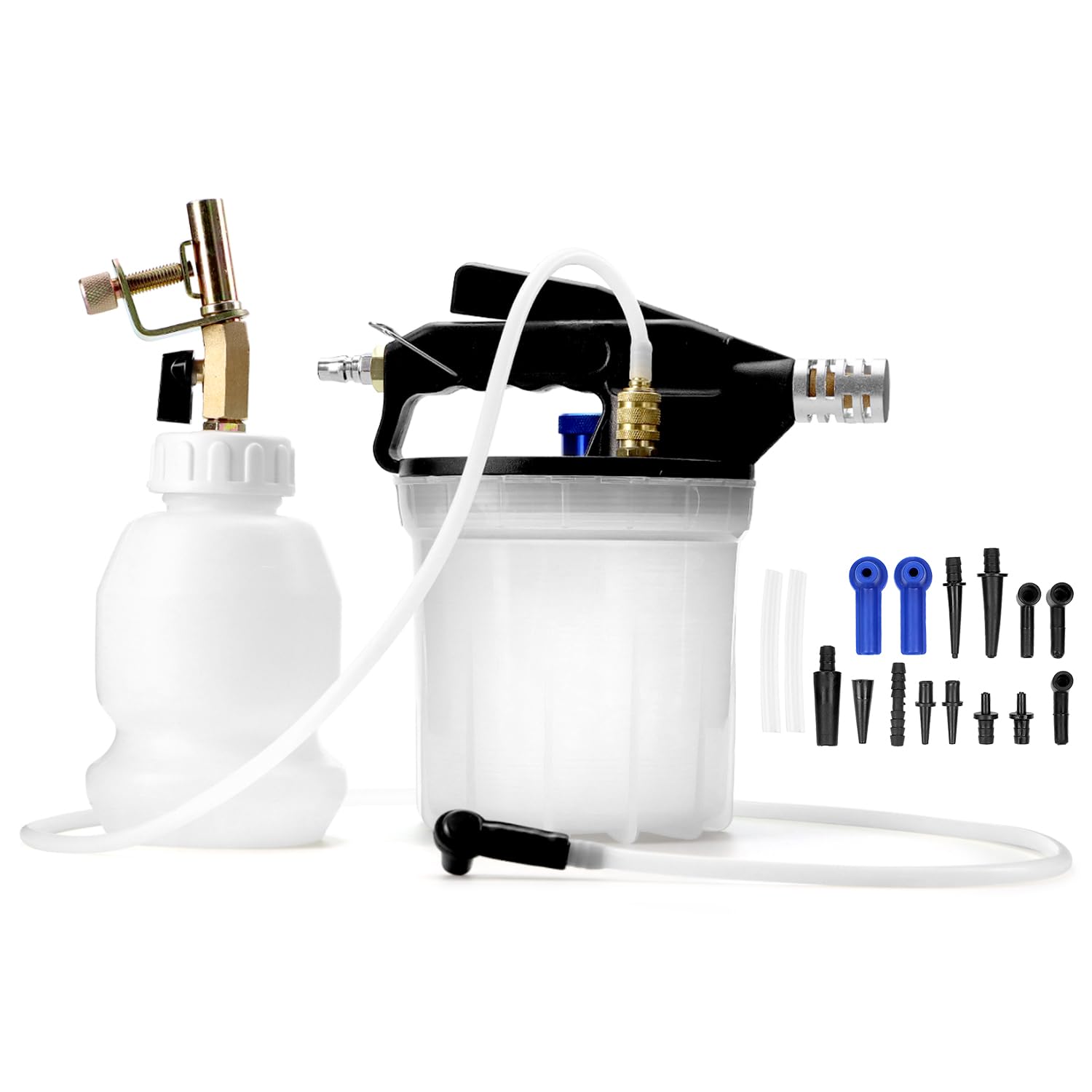 QWORK® Druckluft bremsenentlüftungsgerät für Kfz und Motorrad, 2 L Vakuumpumpe Bremsenentlüfter und 1 L Wiederbefüllbar Druckluftflasche, inkl. Schläuche und Düsen von QWORK