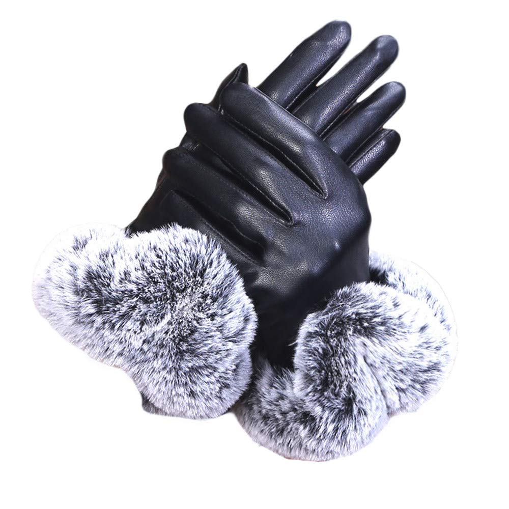 QWUVEDS Damenhandschuh schwarzer Herbst Winter warme Kaninchenfüßler Fingerlose Handschuhe Damen Spitze (Black, One Size) von QWUVEDS