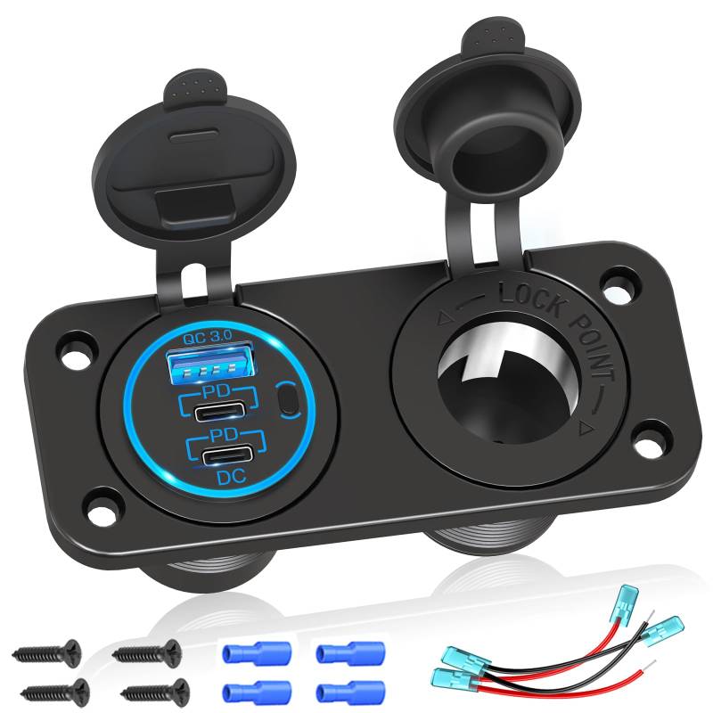 (3-USB) PD USB C Steckdose 12V Auto 300W: USB Buchse Einbau Dose Wasserdicht 12 Volt DC Adapter KFZ Stecker mit Schalter Panel USB Anschluss für iPhone Wohnmobil Motorrad Boot LKW Wohnwagen von Qidoe