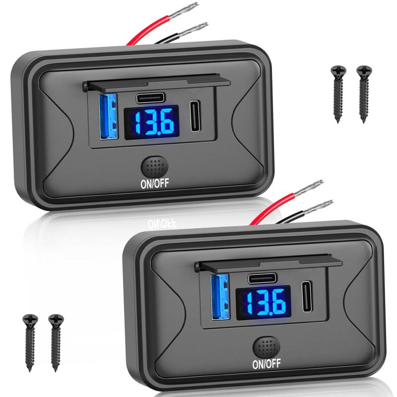90W 12V USB Steckdosenleiste Wandhalterung, Dual 36W USB C und QC 18W Auto USB Port Ladegerät mit Voltmeter Schalter, wasserdichte Multi Port Steckdose 12V Zubehör für Auto Bus RV Truck von Qidoe