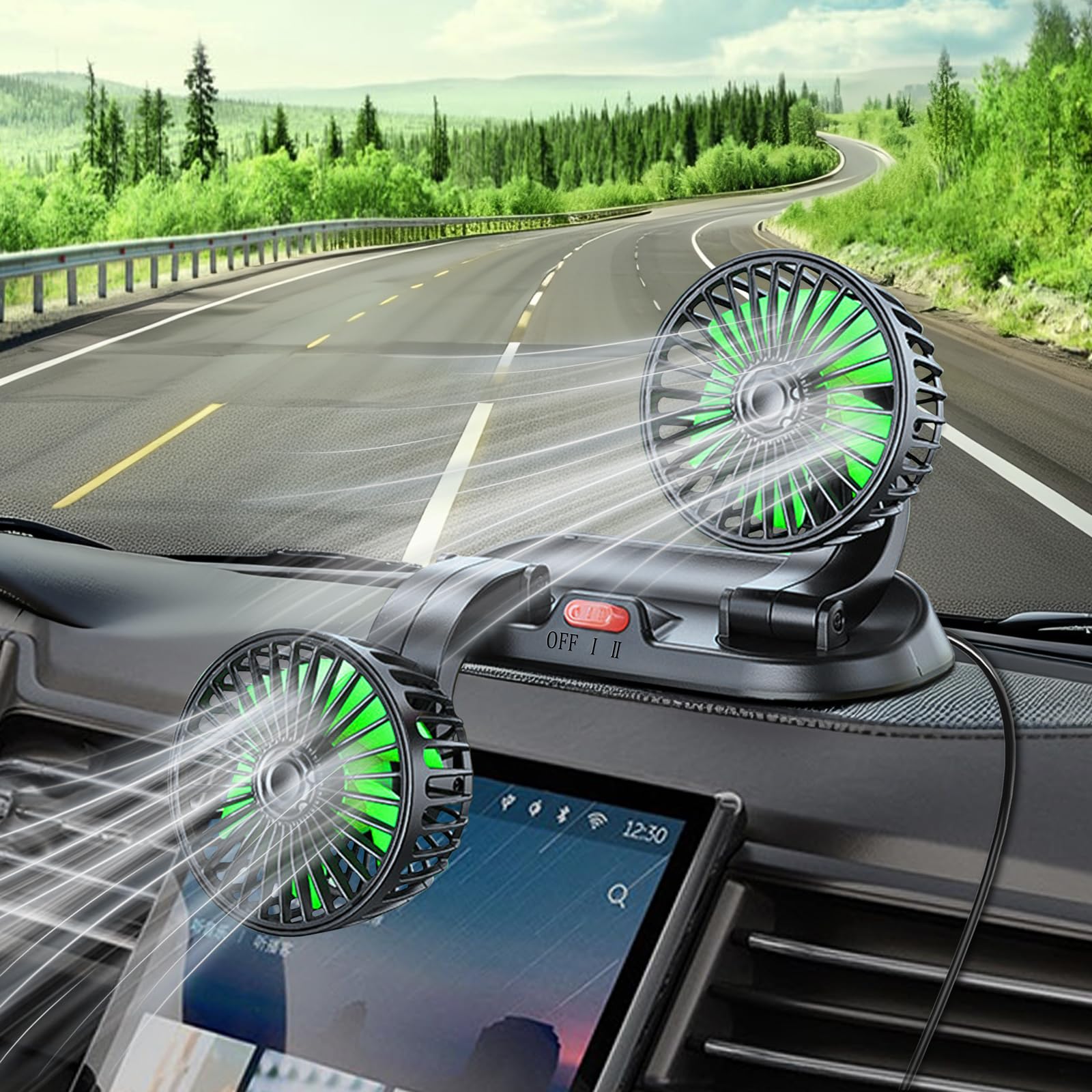 Front Auto Ventilator: Multi-Richtung und Multi-Winkel-Rotation 2 Geschwindigkeiten einstellbar Leistungsstarker und leiser Mini-Ventilator, Geeignet für Haus/Büro/12 Volt LKW Wohnmobil Boot Wohnwagen von Qidoe