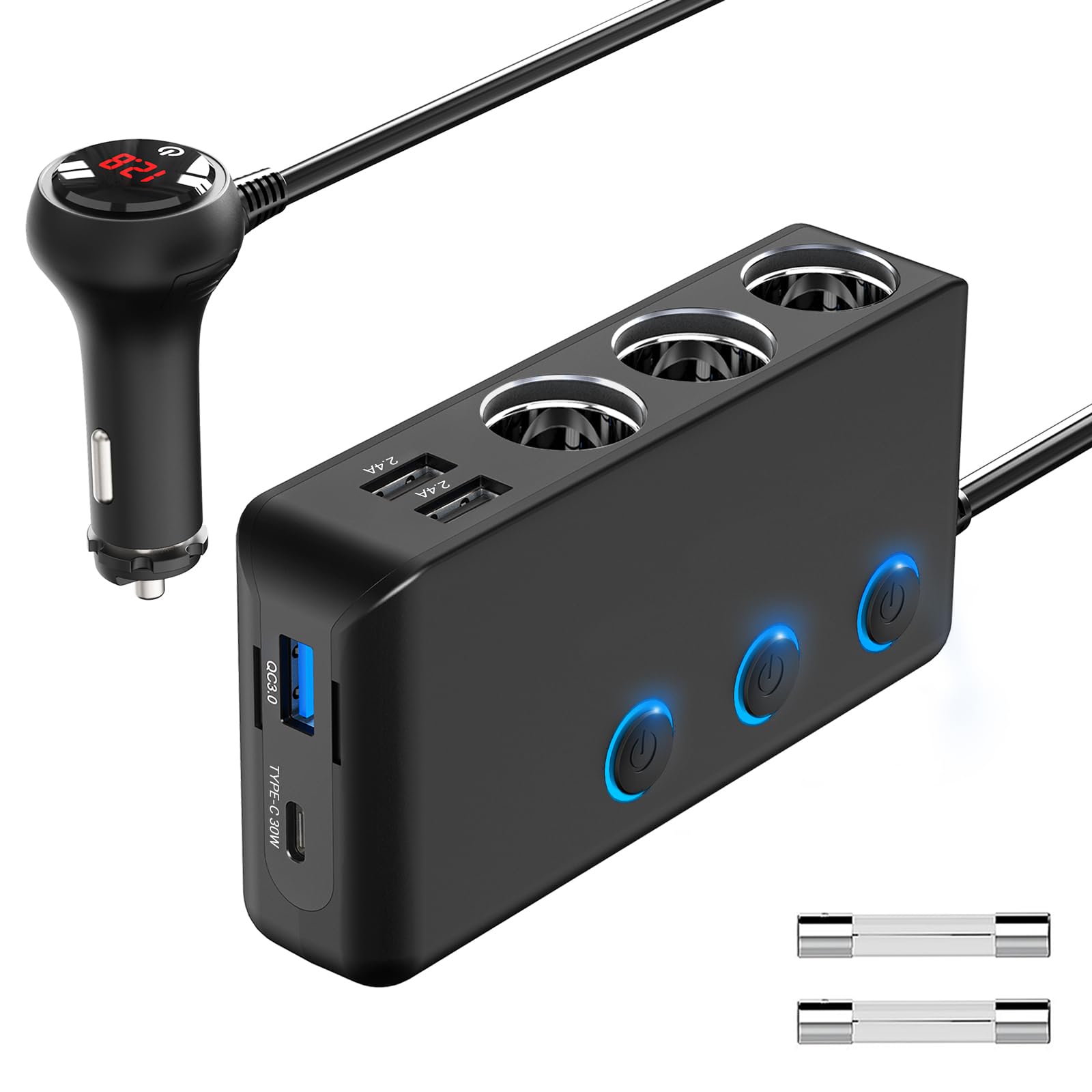 PD 30W 12V Verteiler 200W Kfz Zigarettenanzünder Adapter Auto Ladegerät 3 Mehrfach Steckdose DC 24V Stecker Ladekabel Splitter mit Schalter 4 USB Anschlüsse für Handy Sitzheizung GPS DashCam Navi von Qidoe