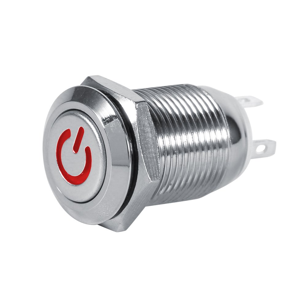 Ein- / Ausschalter LED 12mm Qiilu Taster 2V Motorstartknopf aus Messing vernickelt mit Signal (rote LED) von Qiilu