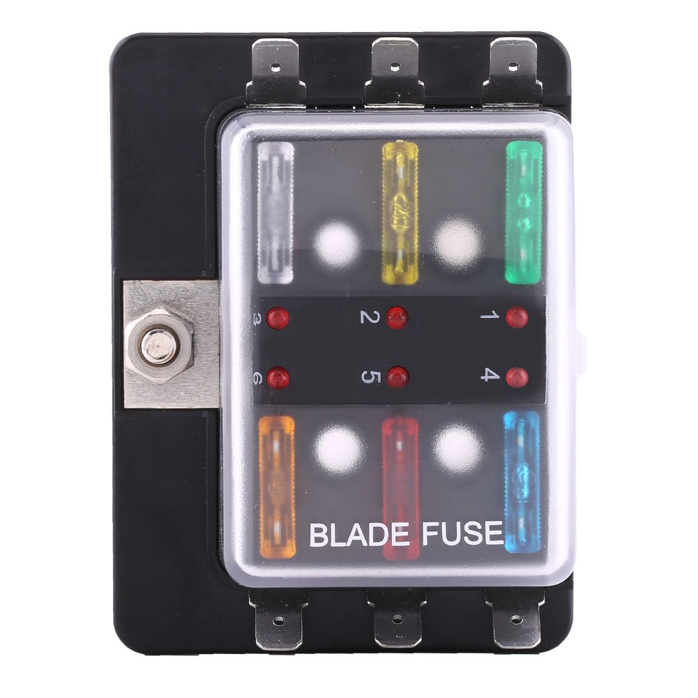 Qiilu Flachsicherung Sicherungshalter, Sicherungsdose Flachsicherung Blade Fuse Box mit LED Warnung Beleuchtungssatz für Auto Boat Marine Trike 32V (6 Weg) … von Qiilu