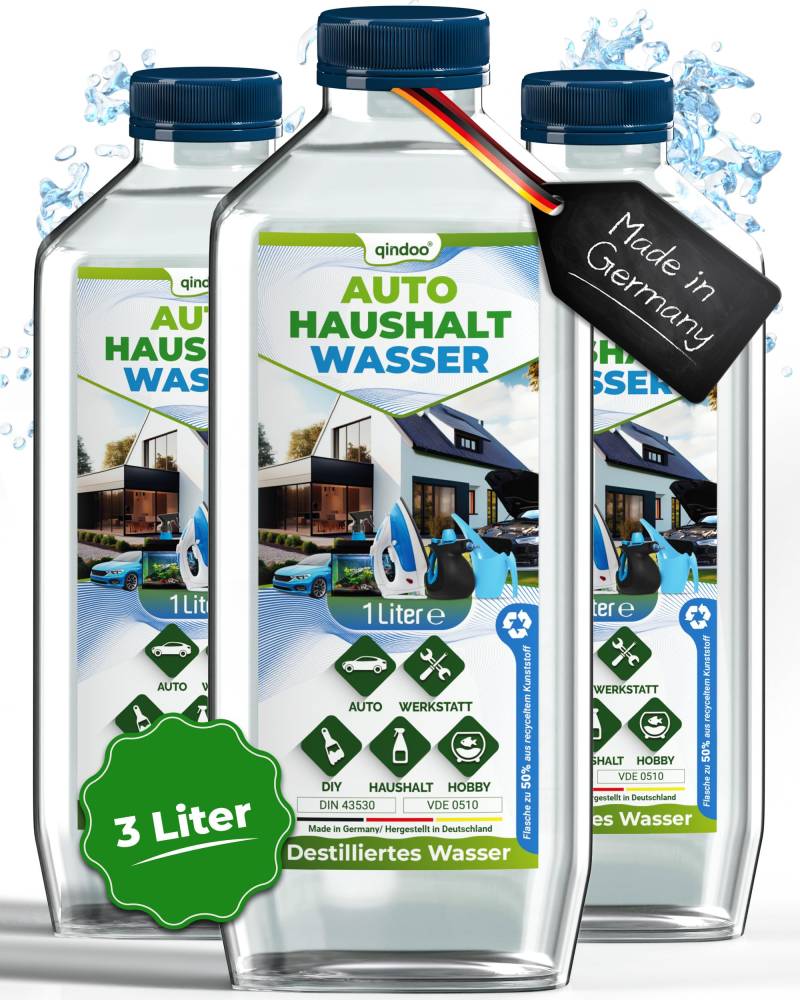 Qindoo 3X Destilliertes Wasser für Auto Haushalt DIY - Aqua Dest, 1 Liter Flaschen (3 Liter) von Qindoo