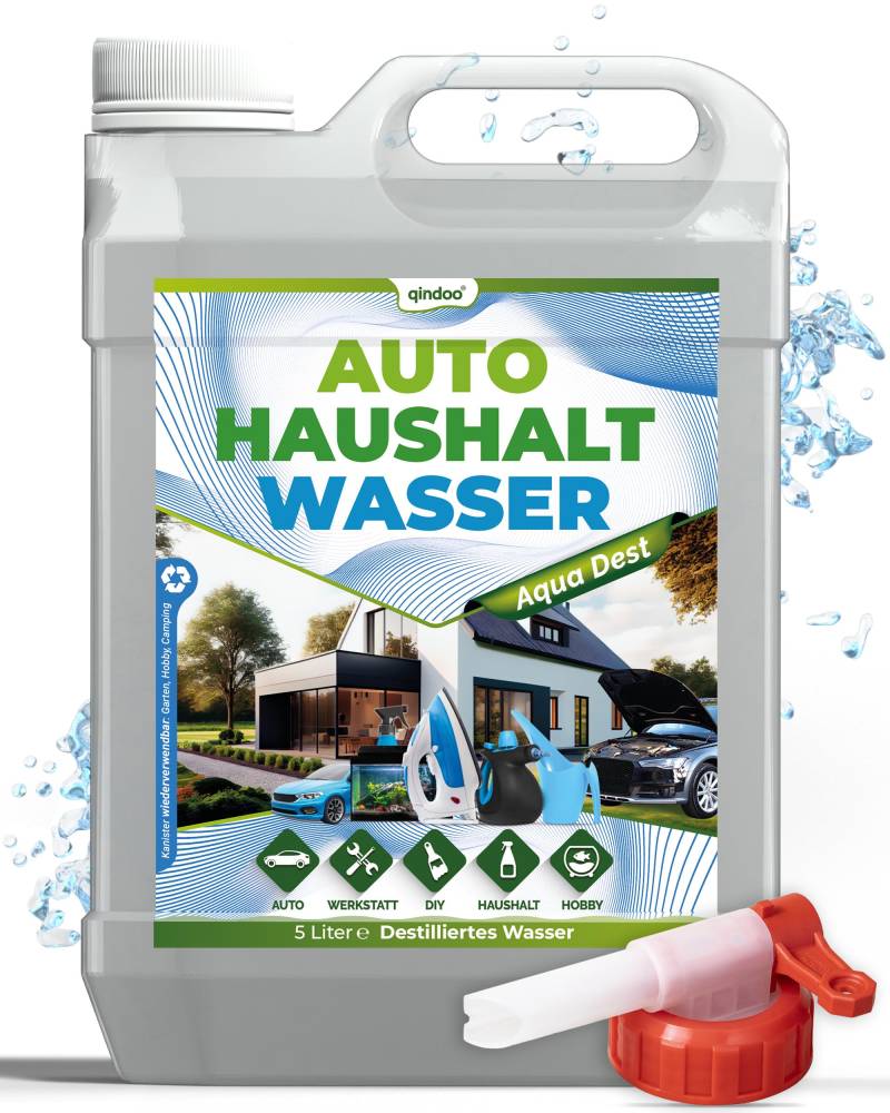 Qindoo 5L Auto Haushalt DIY Destilliertes Wasser - Aqua Dest, 5 Ltr. Kanister mit Ablasshahn (5 Liter + Hahn) von Qindoo