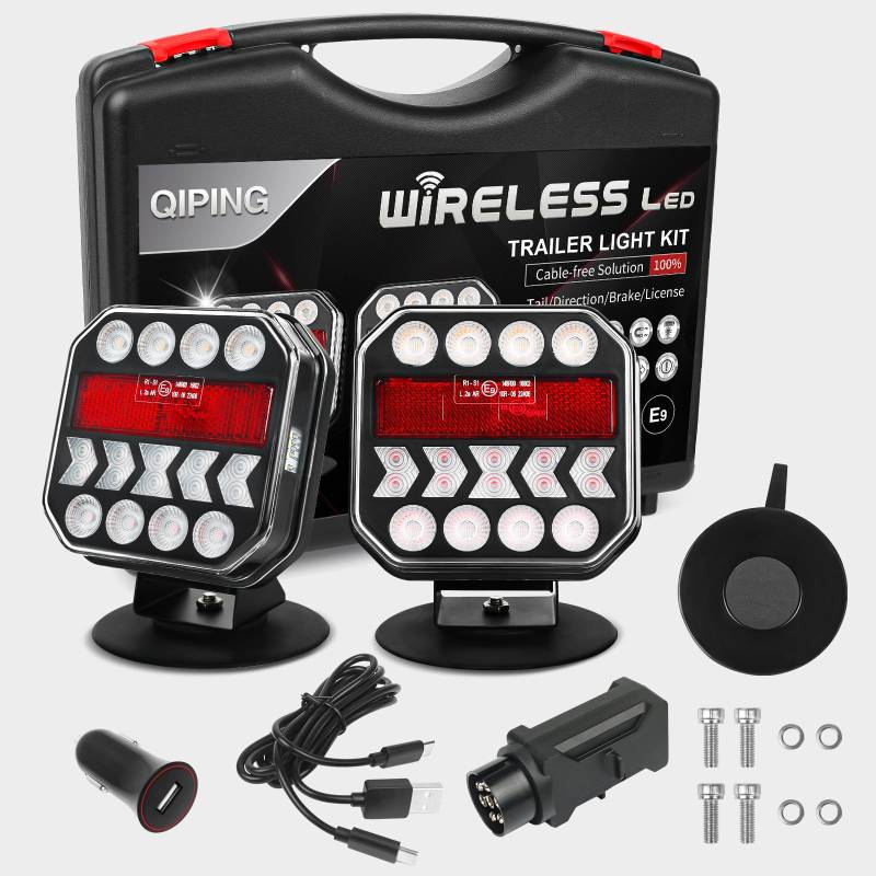 Qiping Magnetische kabellose LED Rückleuchten Anhänger 12V/24V, Wiederaufladbare LED Anhänger Beleuchtung Set mit ECE-Geprüft, Wasserdicht Funk Rücklichter für LKW Anhänger Traktor von Qiping