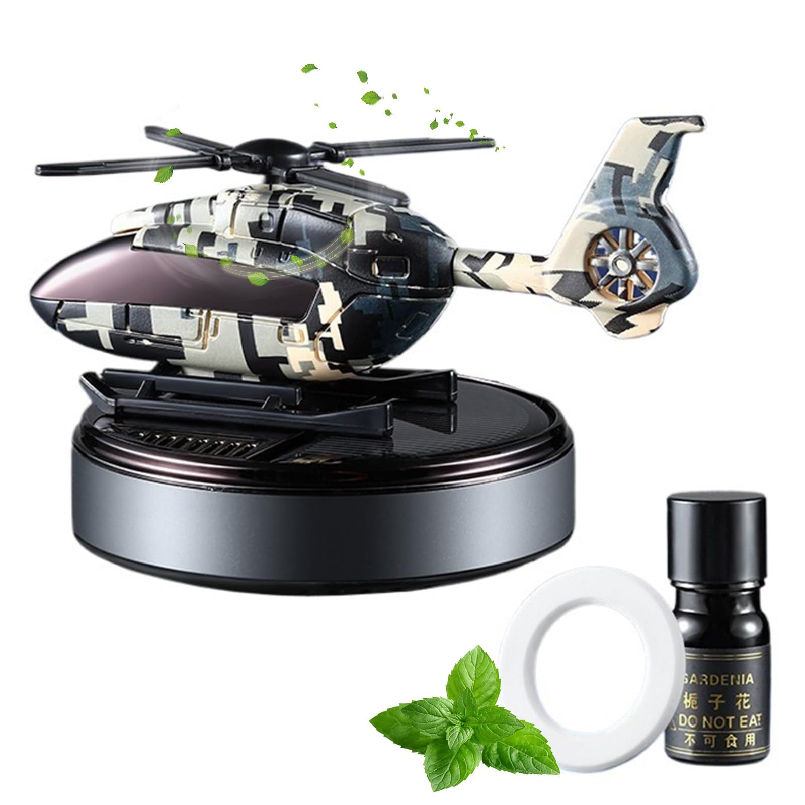 Auto Lufterfrischer Helikopter, Rotierender Duft mit Solarenergie für das Armaturenbrett, Luftreiniger die Fahrzeuginnendekoration, Lufterfrischer, Diffusoren for Ätherische Öle(Black Camouflage) von Qixfyze