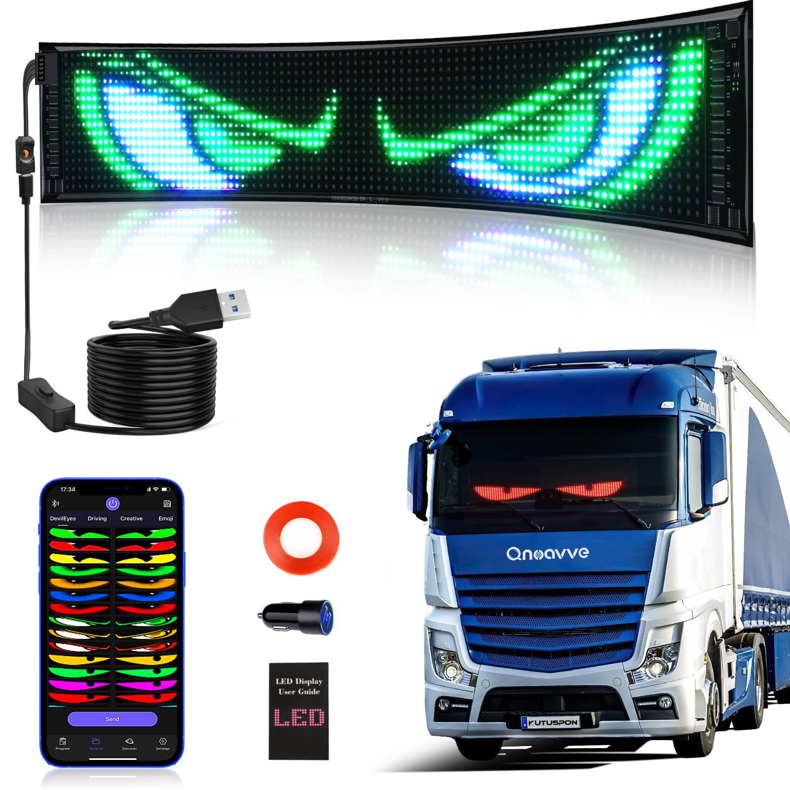 LED Augen für LKW, 59x12cm Flexibel led Anzeigetafel mit Bluetooth-App, Vollfarbig Programmierbar Laufschrift Display, Teufelsaugen LED-Anzeige für Auto Frontscheibe, Werbung, Party von Qnoavve