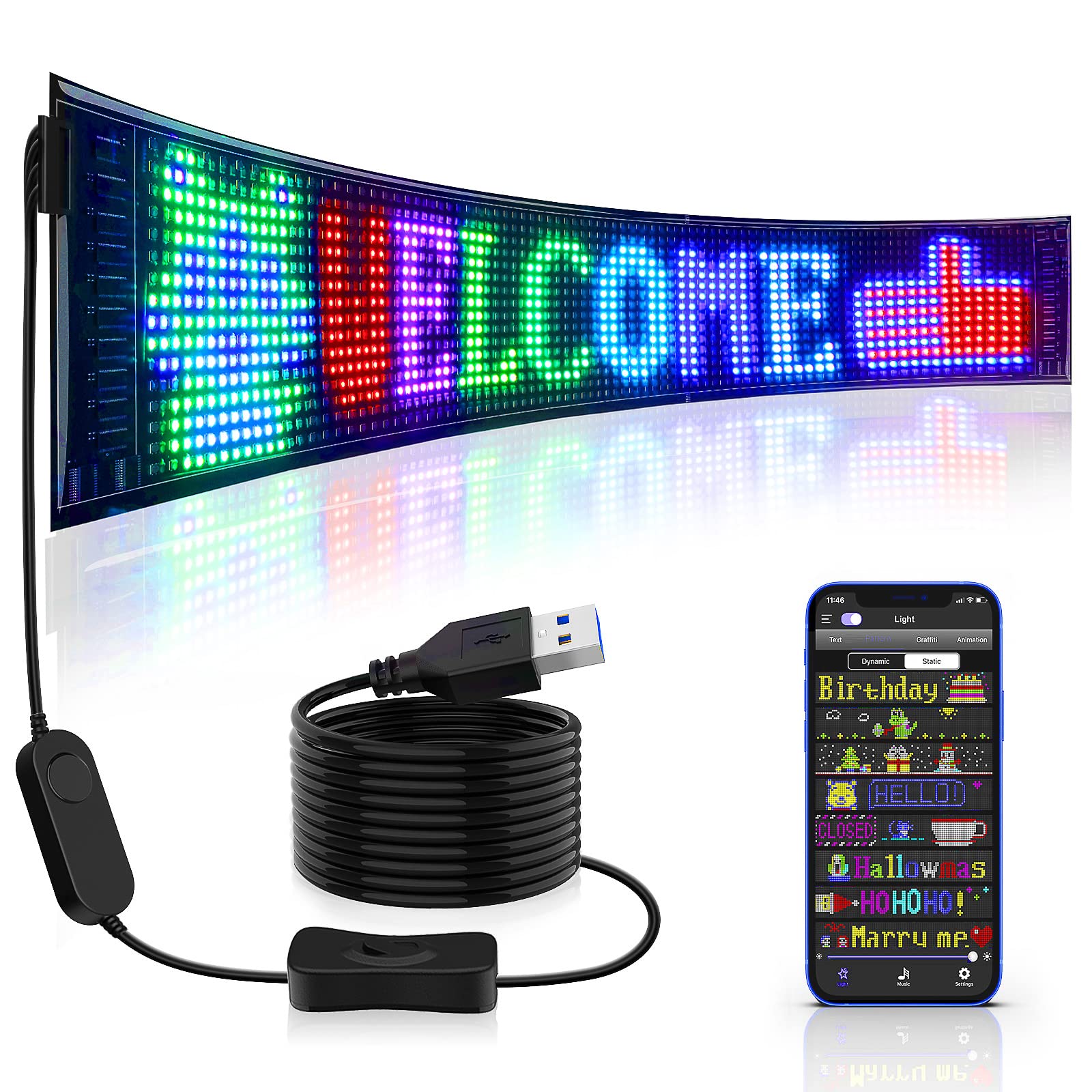 Qnoavve Flexible USB RGB LED Anzeige Board, Bluetooth Smart App RGB LED Laufschrift Programmierbar Sign for Car, Shop, Bar, Graffiti, Text, Animation Anzeige von Qnoavve