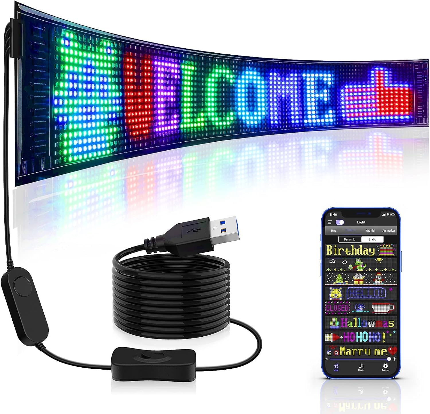 Qnoavve Flexible USB RGB LED Anzeige Board, 27“x5” Inch Bluetooth Smart App RGB LED Laufschrift Programmierbar Sign for Car, Shop, Bar, Graffiti, Text, Animation Anzeige Qnoavve Flexible USB RGB LED Anzeige Board, 27“x5” Inch Bluetooth Smart App RGB LED Laufschrift Programmierbar Sign for Car, Shop, Bar, Graffiti, Text, Animation Anzeige von Qnoavve