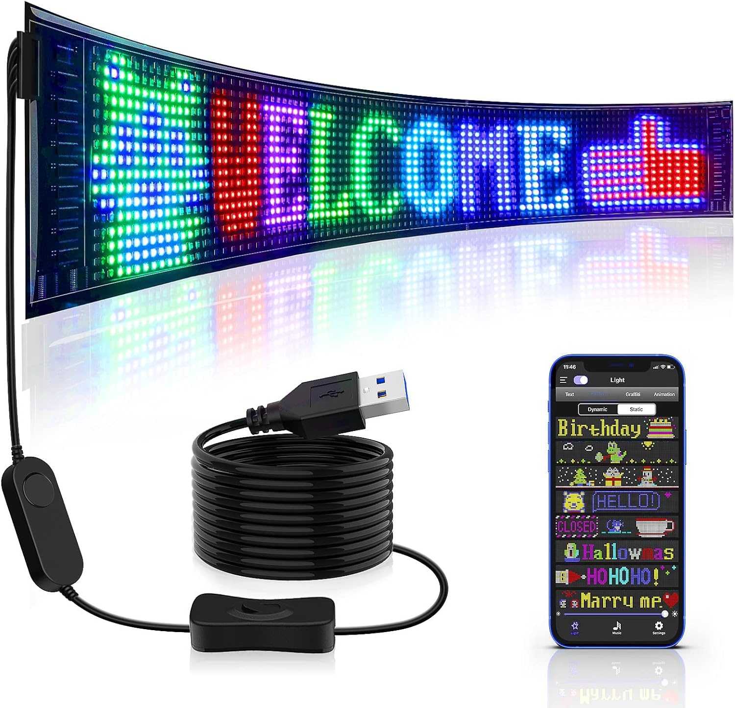 Qnoavve Flexible USB RGB LED Anzeige Board, Bluetooth Smart App RGB LED Laufschrift Programmierbar Sign for Car, Shop, Bar, Graffiti, Text, Animation Anzeige von Qnoavve