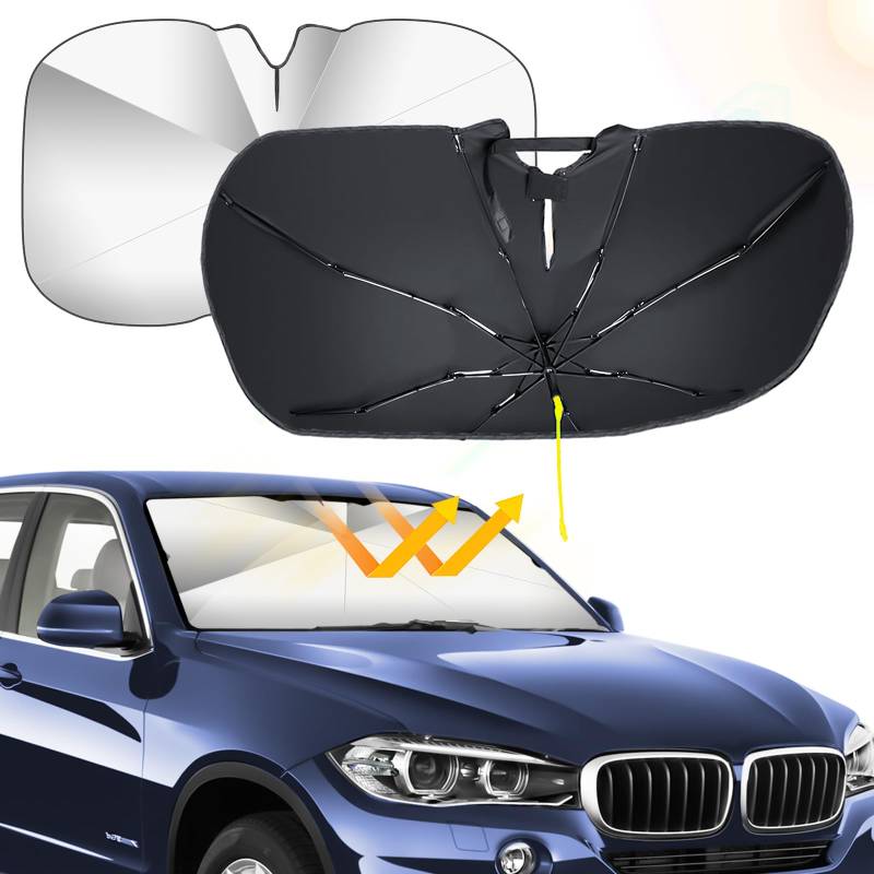 Qoosea Auto Sonnenschutz Frontscheibe, 360° Rotations Faltbarer Sonnenschirme Auto für Windschutzscheibe Regenschirm, Universal Frontscheibenabdeckung Blockiert UV - 55 * 31 Zoll von Qoosea